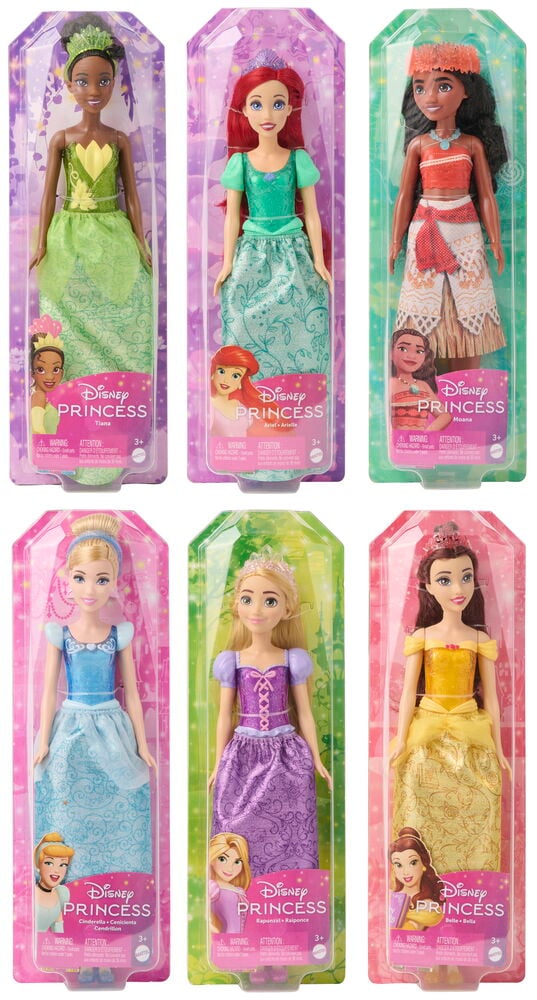 Nukke Disney Princess 28 cm Valikoima, jossa kuusi erilaista prinsessaa värikkäissä puvuissa ja kruunuissa.