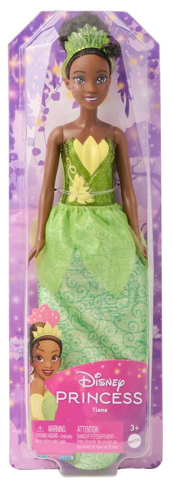 Disney Princess Tiana -nukke vihreässä lumpeenlehtimekossa, jossa on keltaisia yksityiskohtia ja vihreä tiara.