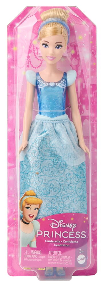 Disney Princess Tuhkimo-nukke sinisessä kimaltelevassa mekossa ja vaaleansinisessä kuviollisessa hameessa, pakattuna.