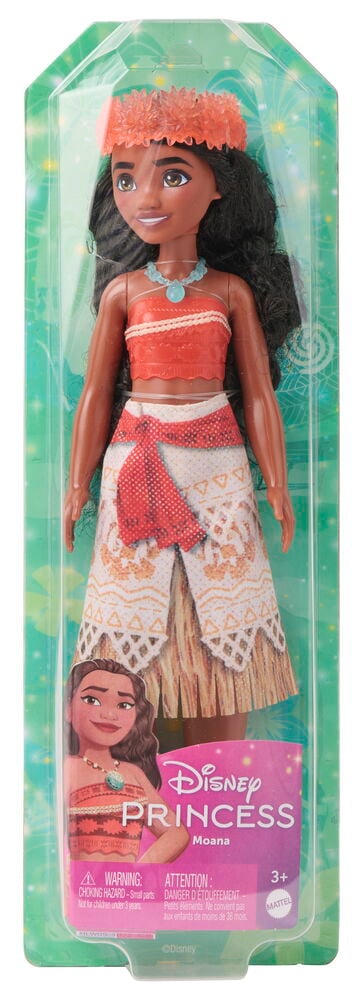 Nukke Disney Princess 28 cm Valikoima: Moana-nukke yllään punainen kukkaseppele, oranssi toppi, sininen kaulakoru, kuviollinen hame.