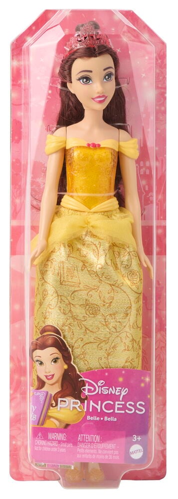 Nukke Disney Princess 28 cm Valikoima keltaisessa kultakuvioisessa mekossa ja punaisessa tiarassa.