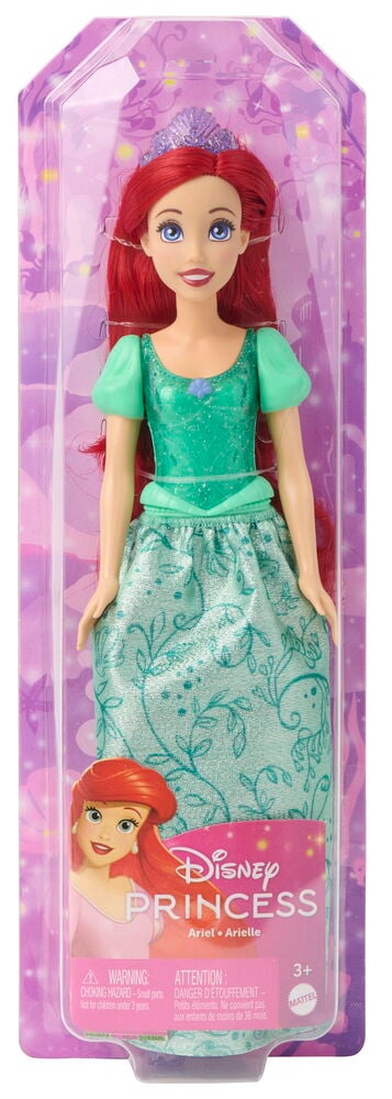Nukke Disney Princess 28 cm Valikoima, Ariel, punaisilla hiuksilla, violetilla tiaralla, vihreällä kimalletopilla ja vihreällä kuvioidulla hameella.