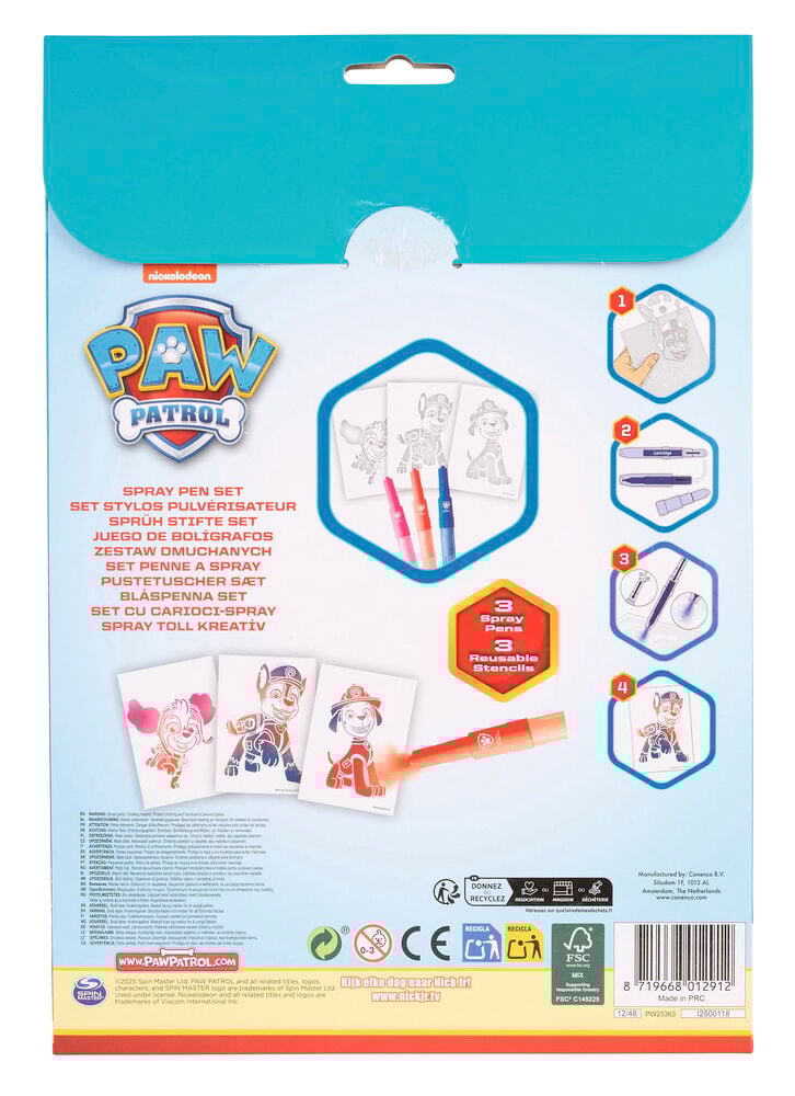 Sprühstifte-Set Spray & Create Paw Patrol mit 3 Sprühstiften und 3 wiederverwendbaren Schablonen zum Zeichnen.