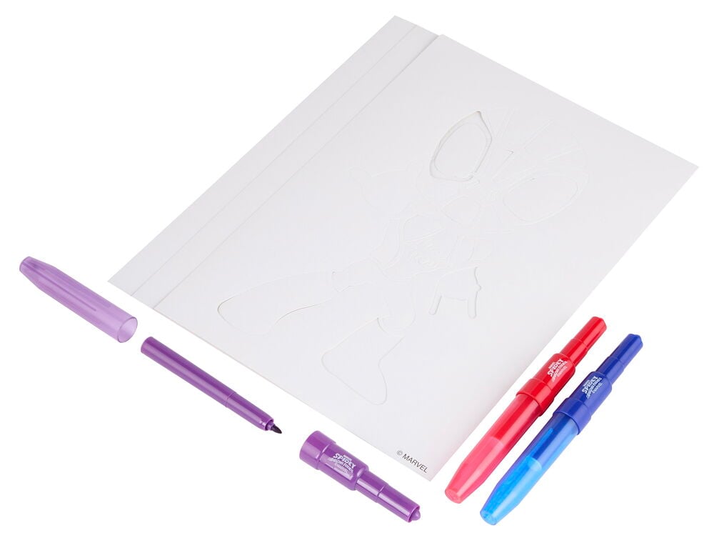 Sprühstifte-Set Spray & Create Spidey and his amazing friends mit weißer Spidey-Schablone, lila Marker, roten und blauen Sprühhaltern.