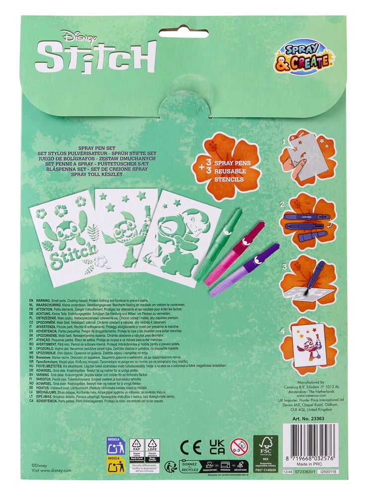 Sprühstifte-Set Spray & Create Stitch enthält 3 Sprühstifte und 3 wiederverwendbare Stitch-Charakterschablonen.