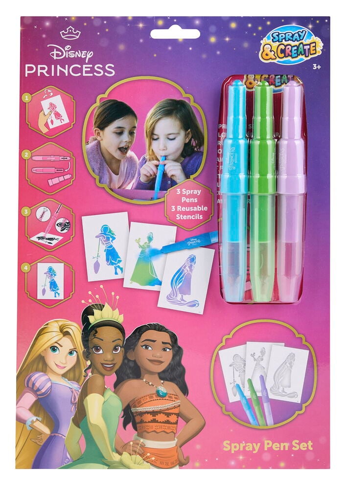 Ein Disney Prinzessin Sprühstifte-Set mit 3 blauen, grünen, lila Sprühstiften und Schablonen, gezeigt mit Kindern.