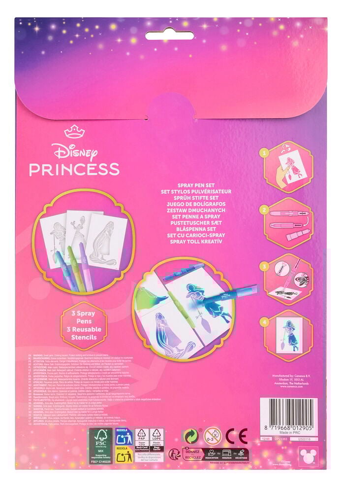 Sprühstifte-Set Spray & Create Prinzessin, mit drei farbigen Sprühstiften und drei wiederverwendbaren Prinzessin-Schablonen.