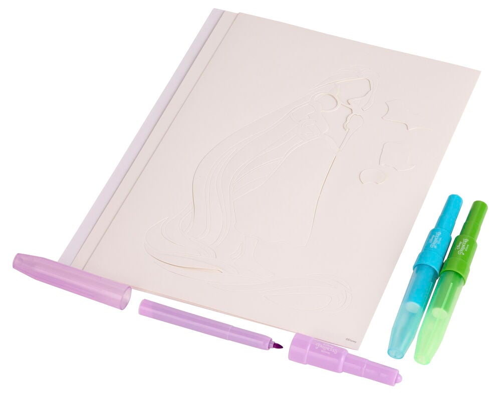 Sprühstifte-Set Spray & Create Prinzessin mit weißem Block mit Prinzessinnenumriss, lila, blauen und grünen Stiften.
