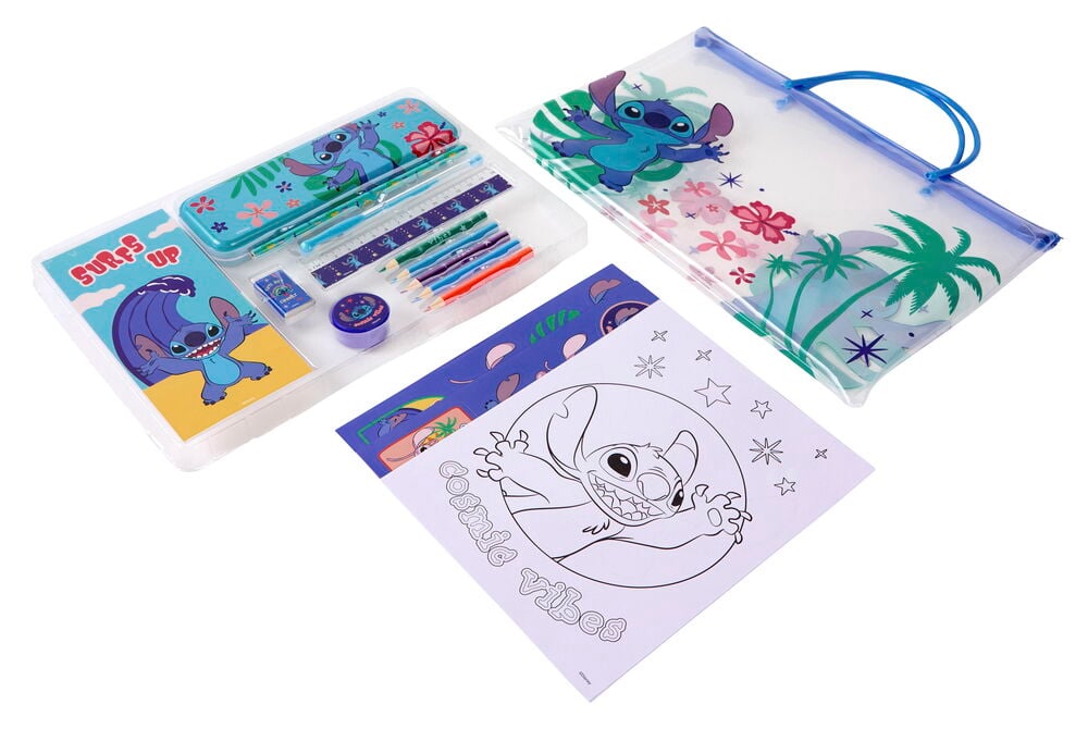 Tegne- og skrivesett Stitch med gjennomsiktig mappe, pennal, blyanter, notatblokk og fargeleggingsark.
