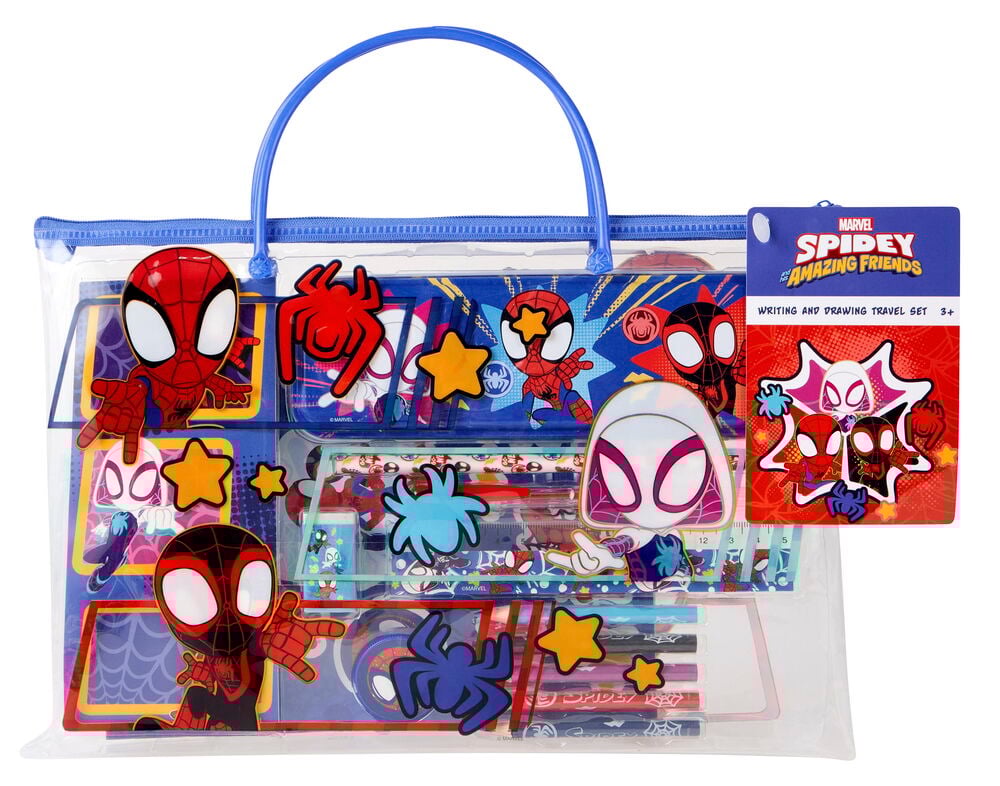 Et gjennomsiktig Spiderman tegne- og skrivesett med blått håndtak, fyllt med fargerike skrivesaker og karakterutklipp.
