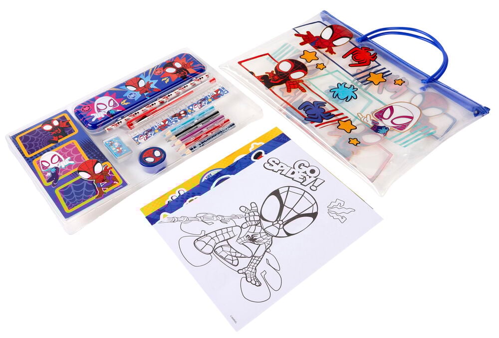 Et Spiderman tegne- og skrivesett med gjennomsiktig veske, pennal, blyanter, linjaler og fargeark.