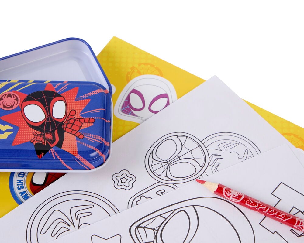 Tegne- og skrivesett Spiderman, inkludert et blått pennal i metall med Miles Morales-motiv, fargeleggingssider og en rød Spidey-blyant.