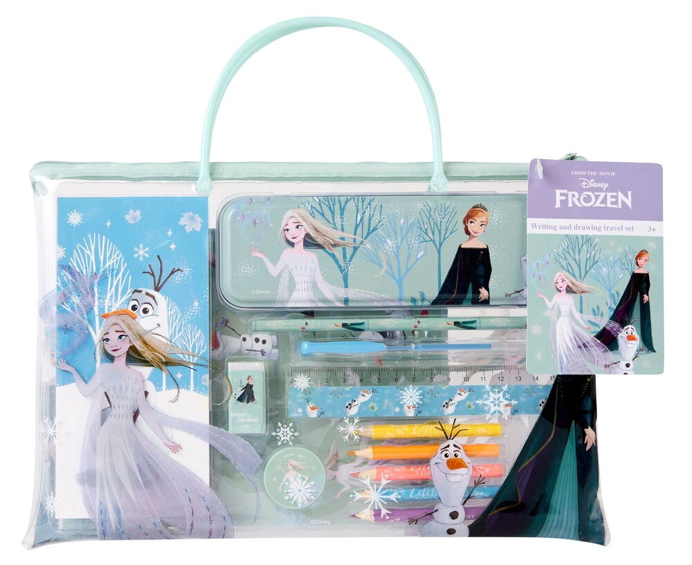 Frozen tegne- og skrivesett: klar veske med notatbok, pennal, linjal, blyanter, viskelær, blyantspisser.