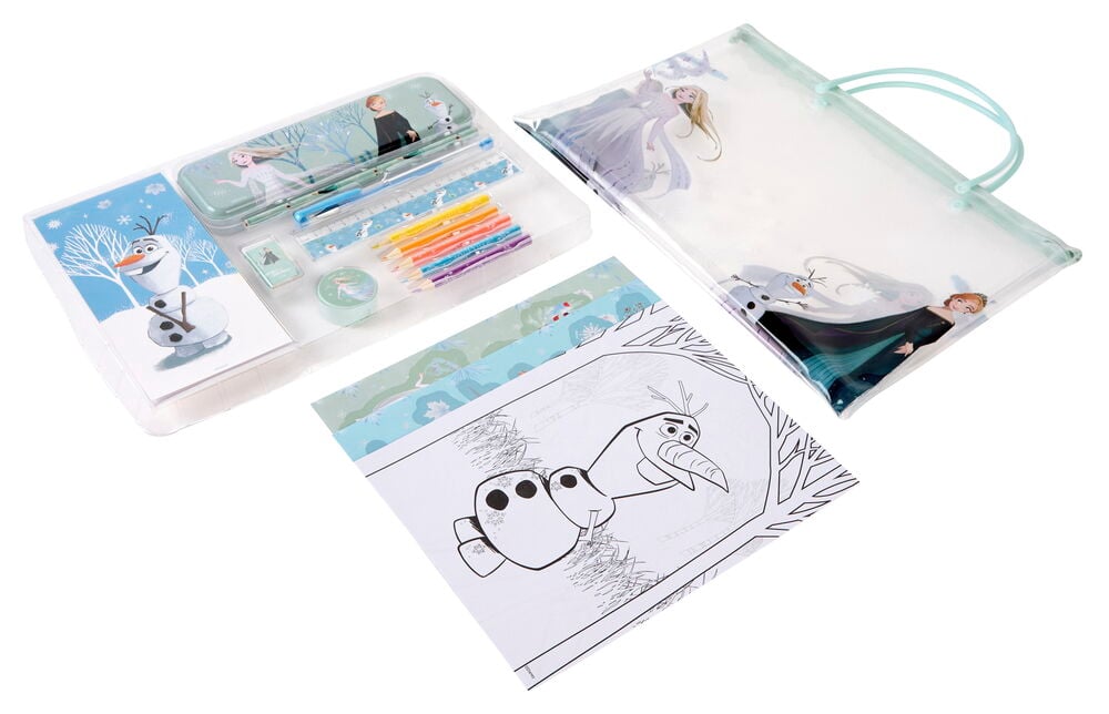 Tegne- og skrivesett Frozen med gjennomsiktig mappe, pennal, notatblokk, blyanter, linjaler og fargeleggingssider.