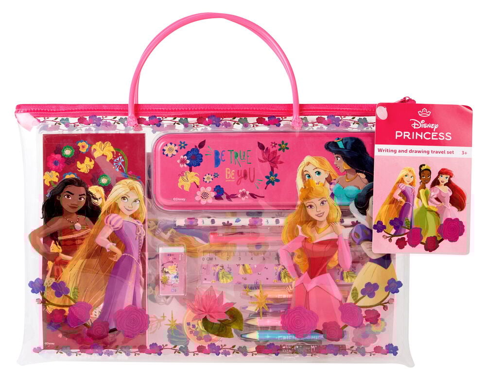 Gjennomsiktig plastveske med rosa håndtak inneholder et Tegne- og skrivesett Prinsesse.