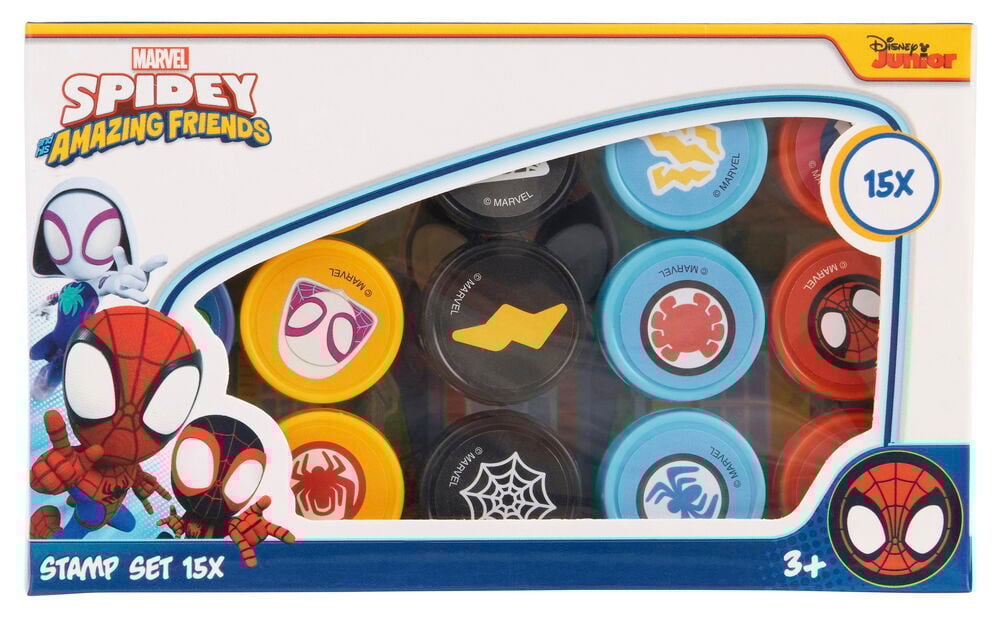 Kinderstempel 15er-Pack Spidey in durchsichtiger Box mit blauer und weißer Verpackung, diverse Charakterstempel enthaltend.