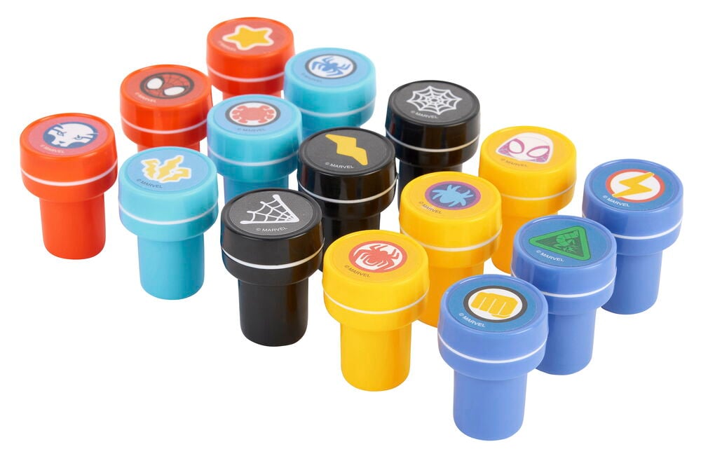 15 farbenfrohe Kinderstempel Spidey mit verschiedenen Marvel-Superheldensymbolen in Orange, Blau, Schwarz und Gelb.