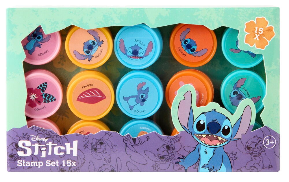 Ein Kinderstempel 15 er-Pack Stitch mit verschiedenfarbigen runden Stempeln mit Stitch-Designs und tropischen Motiven.