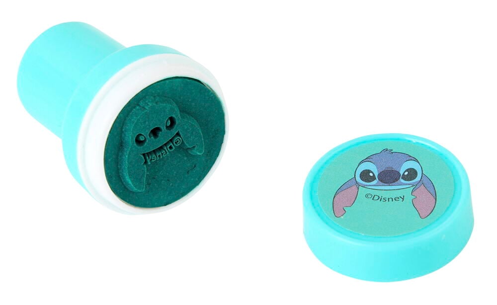 Ein türkisfarbener Stitch-Plastikstempel zeigt ein erhabenes Stitch-Gesicht und einen passenden Deckel mit einem gedruckten Stitch-Gesicht.