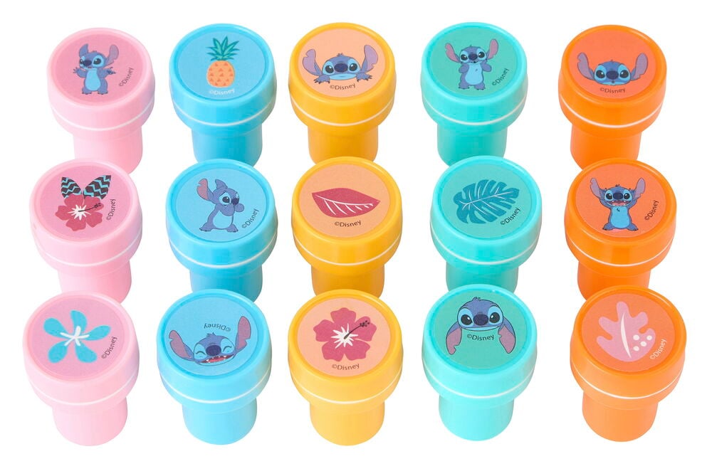 Kinderstempel 15 er-Pack Stitch, runde rosa, blaue, gelbe, orangefarbene Stempel mit Stitch und Tropenmotiven.