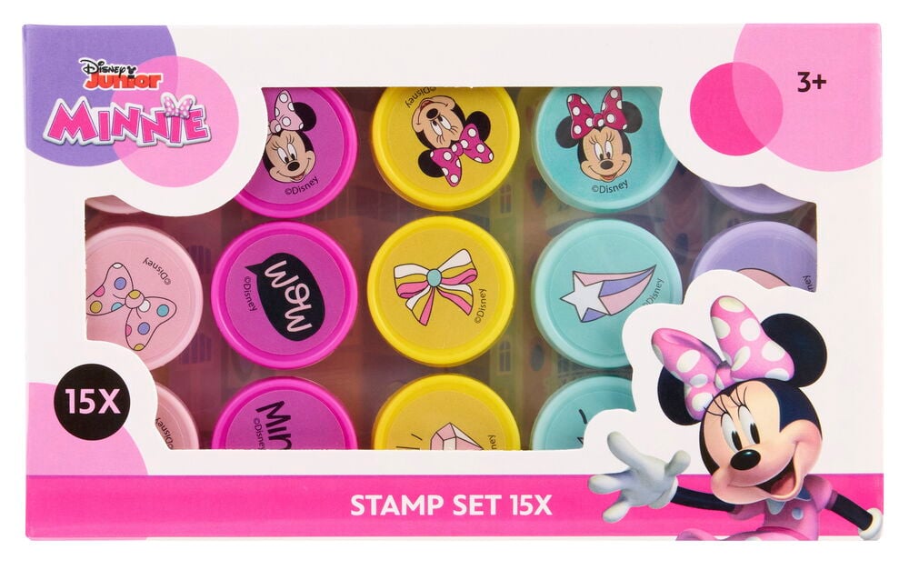 Eine weiße Box Disney Junior Minnie 15er-Pack runde Stempel in Pink, Lila, Gelb und Blau.