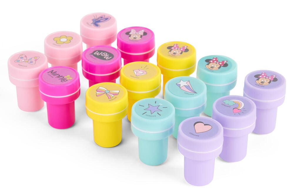 Kinderstempel 15er-Pack Minnie: Ein Set aus fünfzehn farbigen zylindrischen Stempeln mit Minnie Maus und anderen Themenmotiven.