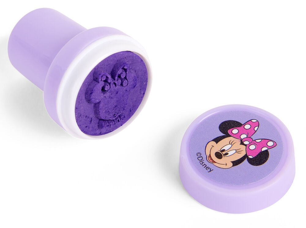 Ein lila Kinderstempel 15 er-Pack Minnie Selbstfärbestempel mit Minnie Maus-Gesicht und passendem Deckel.