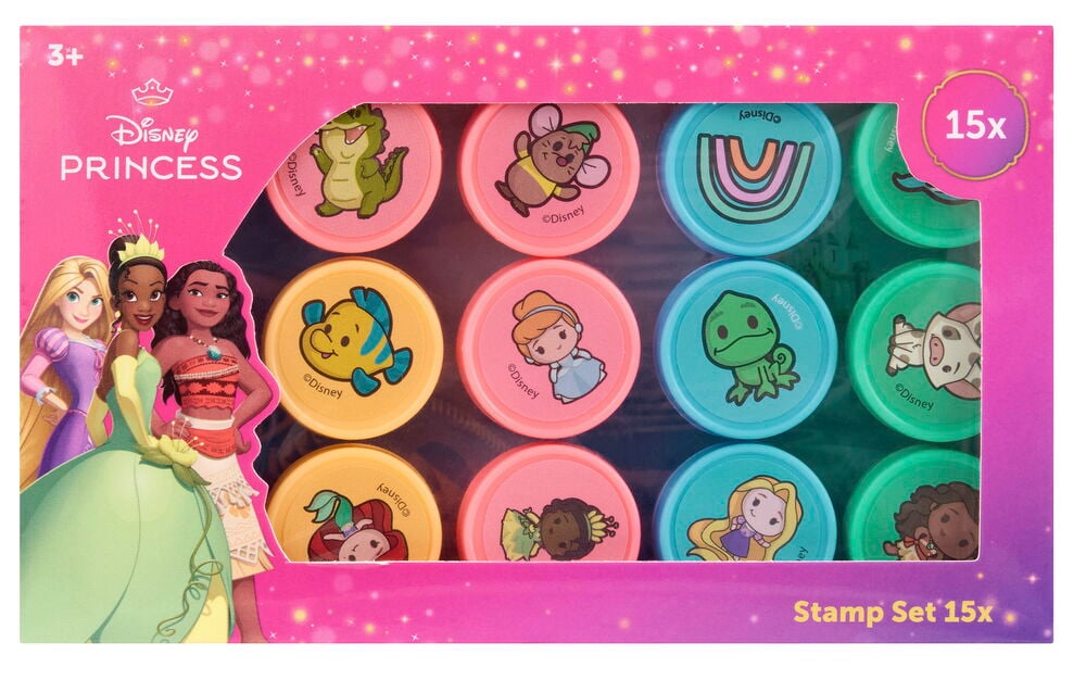 Kinderstempel 15 er-Pack Prinzessin in rosa Schachtel mit Disney-Prinzessinnen und 15 runden Charakterstempeln.