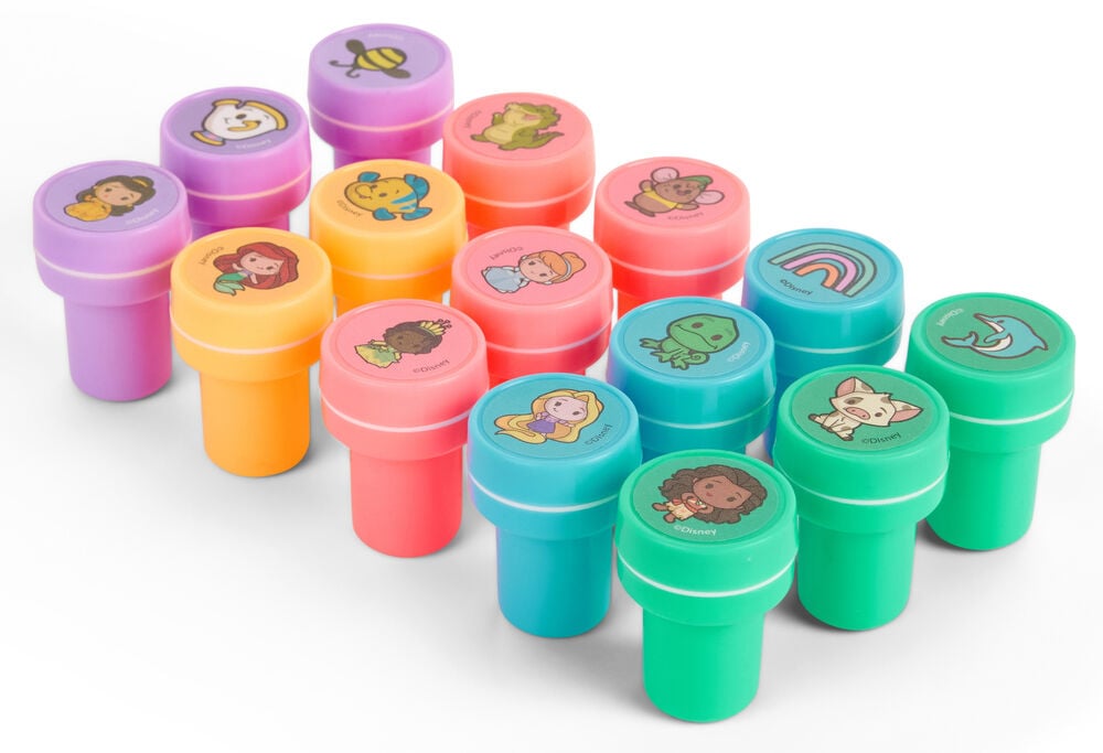 Kinderstempel 15 er-Pack Prinzessin mit fünfzehn farbigen zylindrischen Stempeln mit Disney-Charakteren.