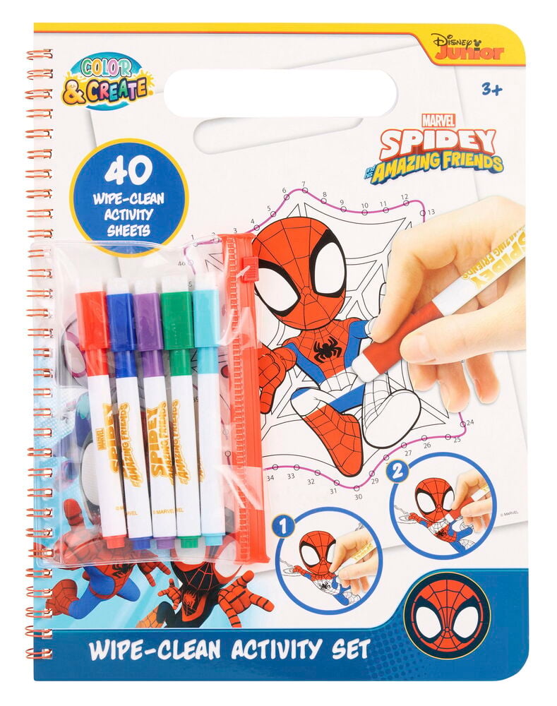 Abwischbares Aktivitätsbuch Color & Create 40 Blätter Verschiedene Sorten, spiralgebunden, mit 5 Markern und Lineal, eine Hand malt Spidey.