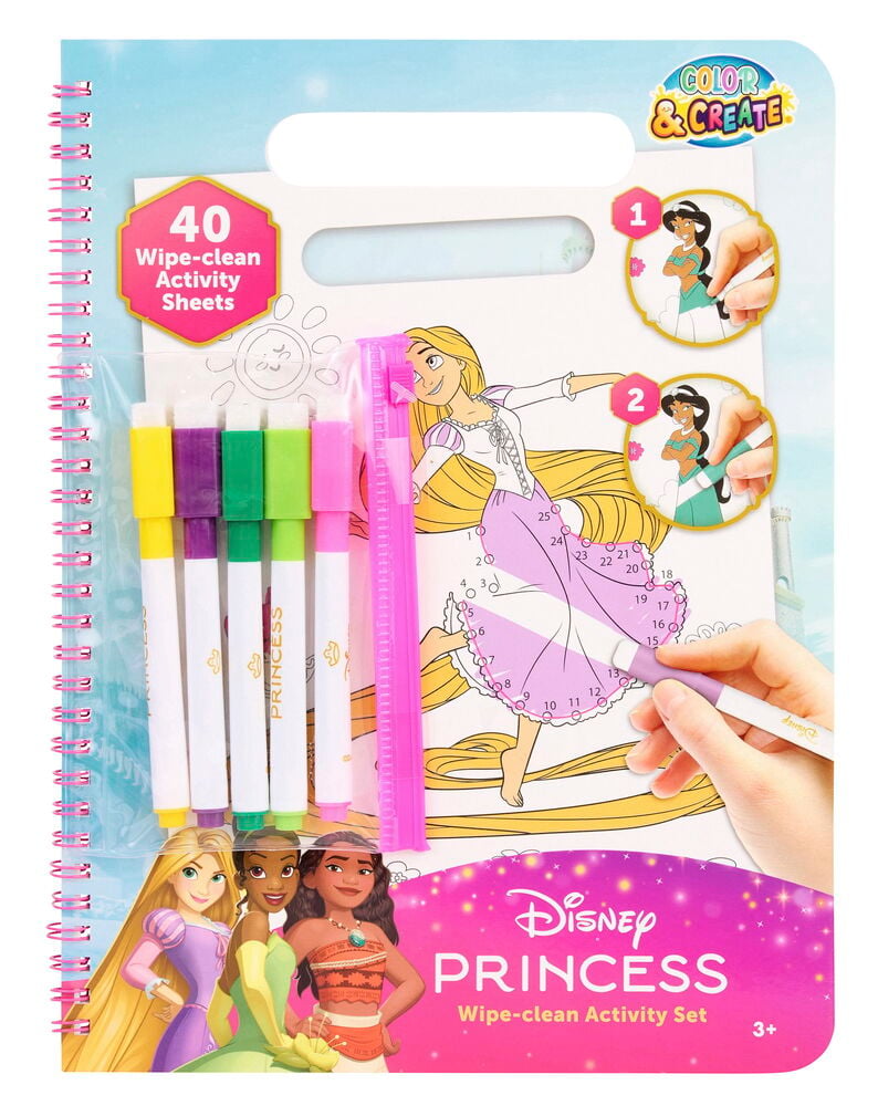 Disney Princess abwischbares Aktivitätsset mit 40 Blättern, 5 bunten Stiften und Lineal, eine Hand malt.