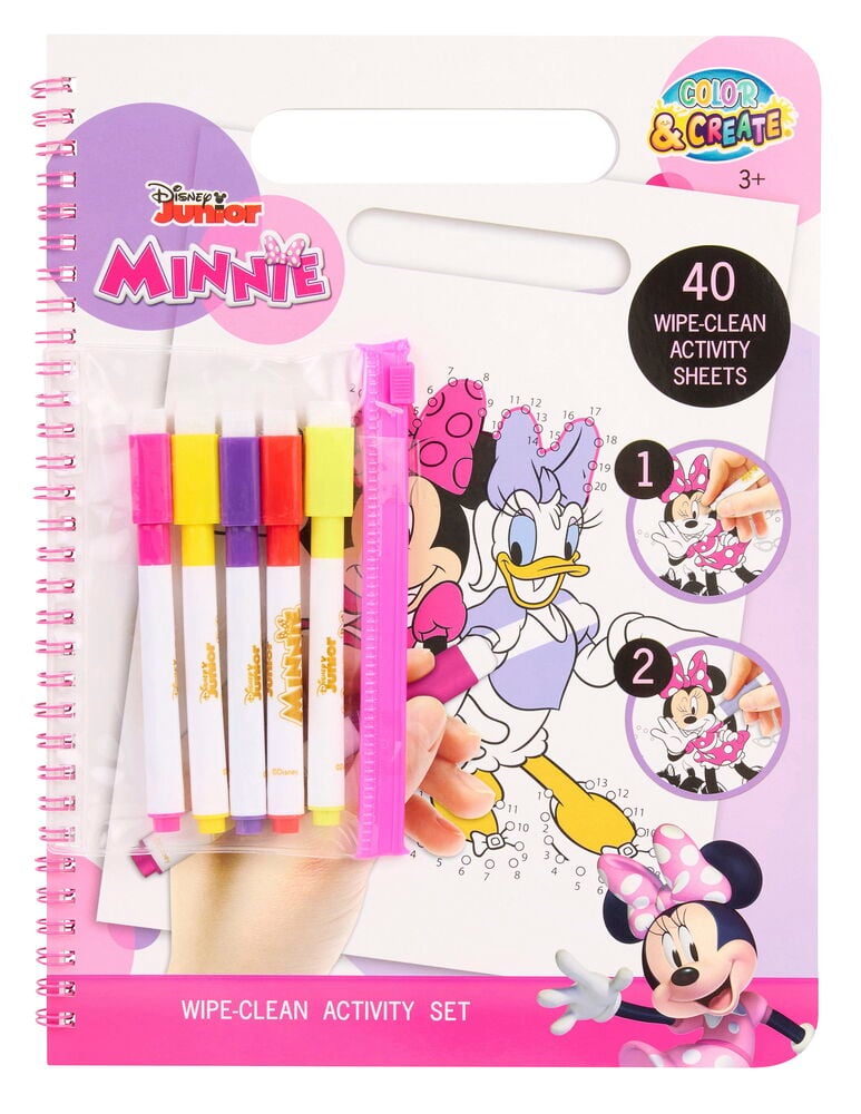 Abwischbares Aktivitätsbuch Color & Create 40 Blätter Verschiedene Sorten, mit Minnie Maus, 5 Filzstiften und rosa Lineal.