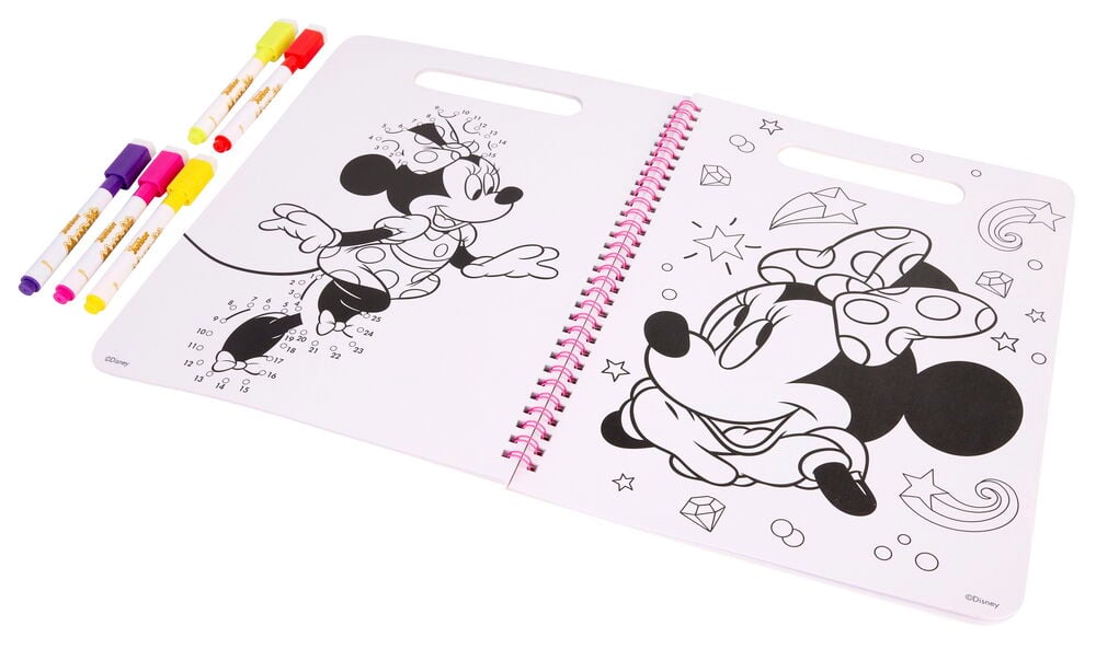 Ein offenes weißes Abwischbares Aktivitätsbuch mit Minnie Maus-Illustrationen und sechs bunten Markern.