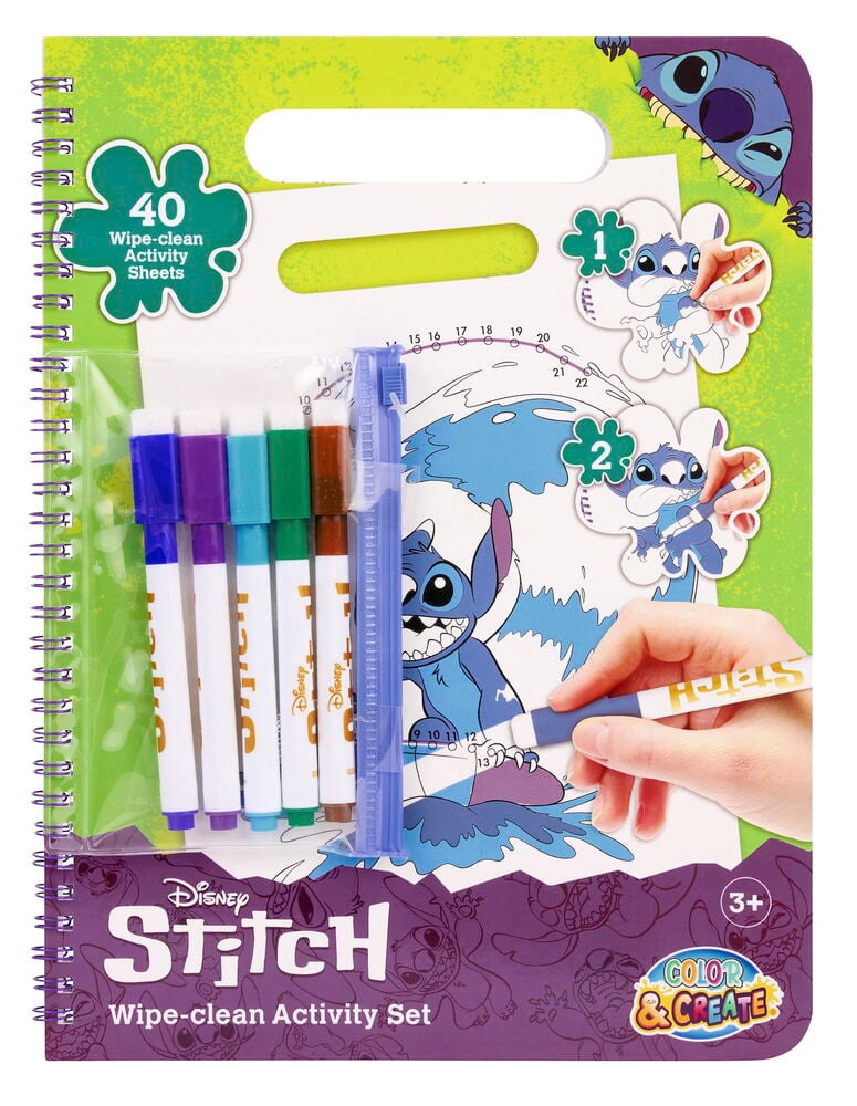 Abwischbares Aktivitätsbuch Color & Create 40 Blätter Verschiedene Sorten, spiralgebunden, Stitch-Motiv, mit 6 Markern.