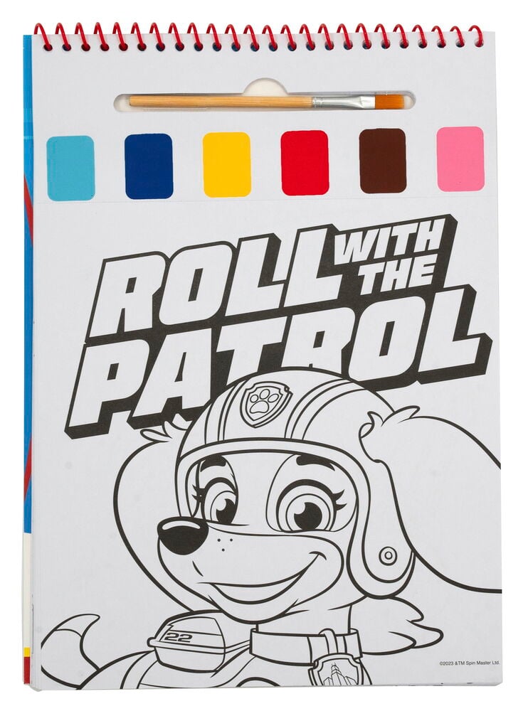 Spiralgebundenes Malen mit Wasser-Set mit 6 Farben, einem Pinsel und einer Paw Patrol Skye Malseite.