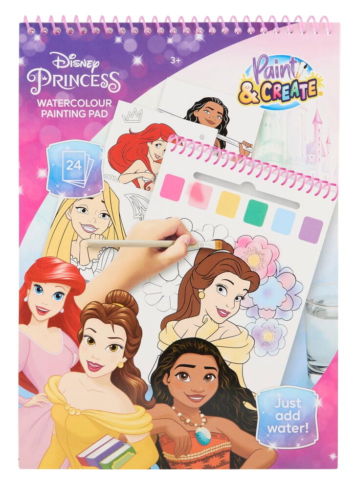 Ein Malen mit Wasser, Set 24 Blätter Verschiedene Sorten mit Disney Princess, eine Hand malt eine Blume.