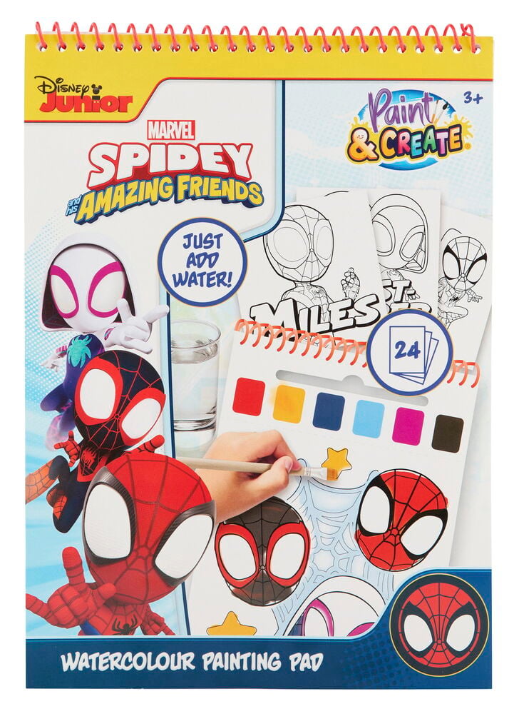 Malen mit Wasser, Set 24 Blätter Verschiedene Sorten: Spidey & Friends Aquarellblock mit Farben, Pinsel, Kinderhand malt.