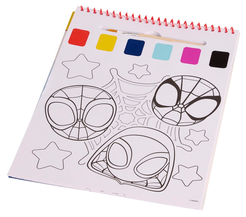 Malen mit Wasser, Set 24 Blätter Verschiedene Sorten, Spiralblock mit Spiderman-Konturen, Farbpalette und Pinsel.