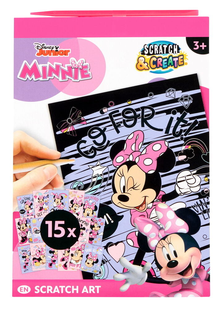 Scratch Art Kratzbuch Scratch & Create 15 Seiten Verschiedene Sorten, mit Minnie Maus auf rosa-weißer Verpackung.