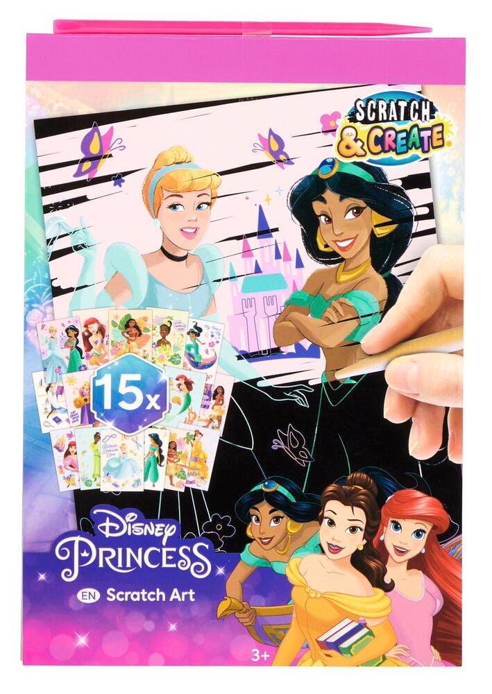 Ein rosa Disney Princess Scratch Art Kratzbuch mit 15 Seiten, zeigt Cinderella, Jasmine, Belle und Ariel Charaktere.