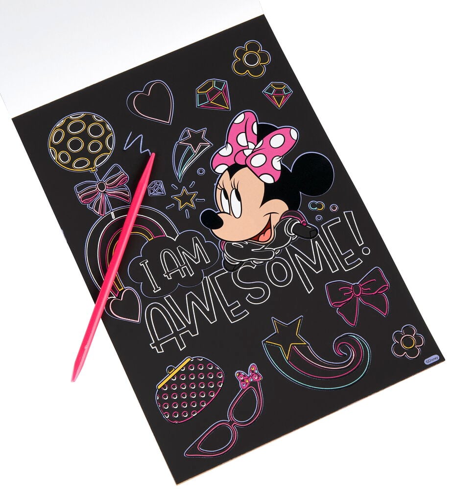 Schwarzes Scratch Art Kratzbuch Scratch & Create 15 Seiten Verschiedene Sorten, Minnie Maus-Design, vielfarbig, mit rosa Stift.