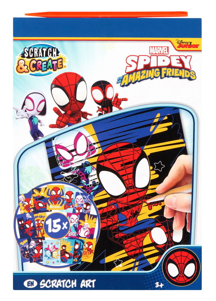 Blau gebundenes Scratch Art Kratzbuch Scratch & Create 15 Seiten Verschiedene Sorten mit Spidey und Freunde Cover und orangem Stift.