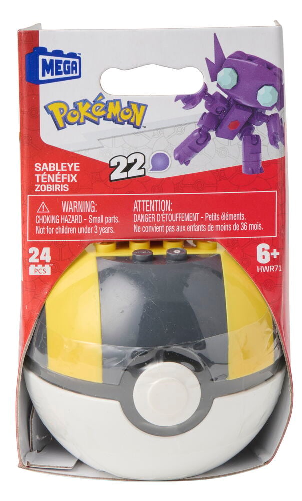 Figuuri Mega Pokémon Valikoima -setti, jossa on violetti Sableye-figuuri ja keltainen ja harmaa Premier-pallo.