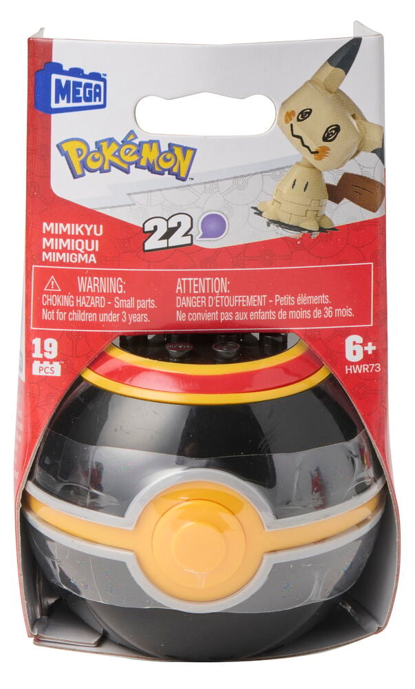 Figuuri Mega Pokémon Valikoima, musta, harmaa, keltainen Premier Ball ja Mimikyu-figuuri.