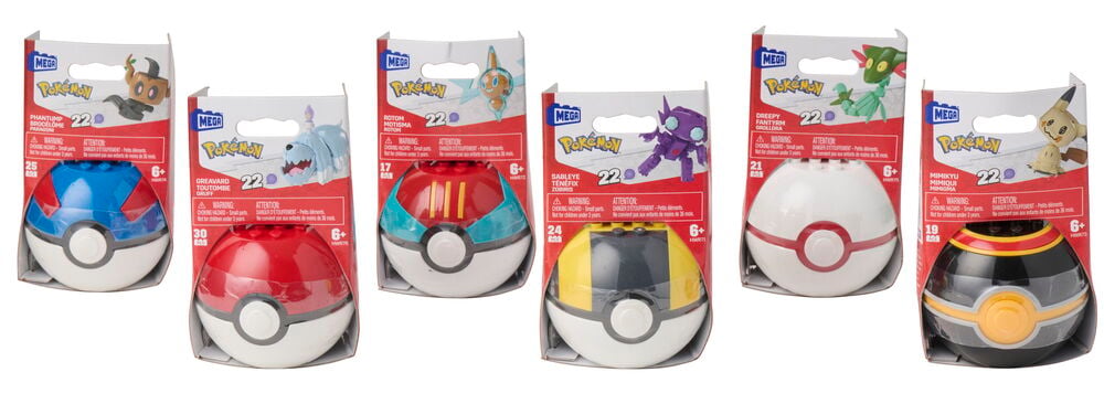 Kuusi erilaista Mega Pokémon -hahmoa esillä pakkauksissaan, kukin omassa ainutlaatuisesti värillisessä Poké-pallossaan.