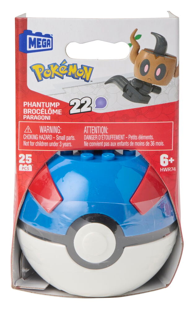 Figuuri Mega Pokémon Valikoima, ruskea Phantump-hahmo sinisessä, punaisessa ja valkoisessa Poké Ball -pakkauksessa.