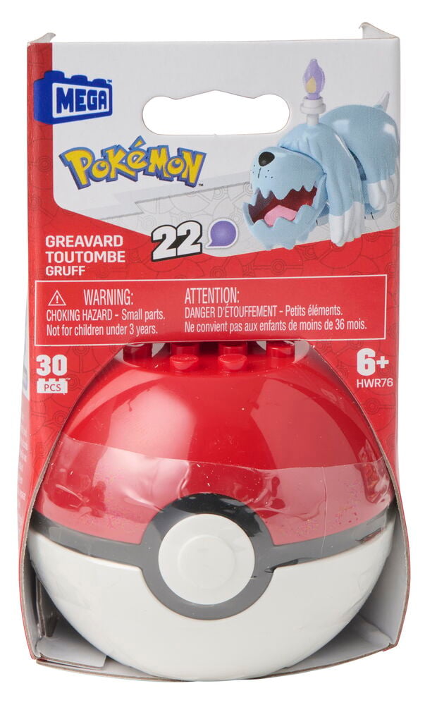 Figuuri Mega Pokémon Valikoima, Greavard-rakennussarja punavalkoisessa Poké Ball -pakkauksessa.