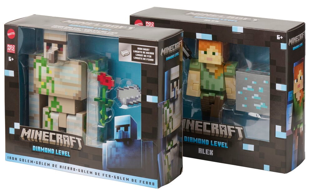Minecraft Alex Action-figuuri pitää hakku, timanttimalmia; Iron Golem pitää ruusu, rautaharkko.