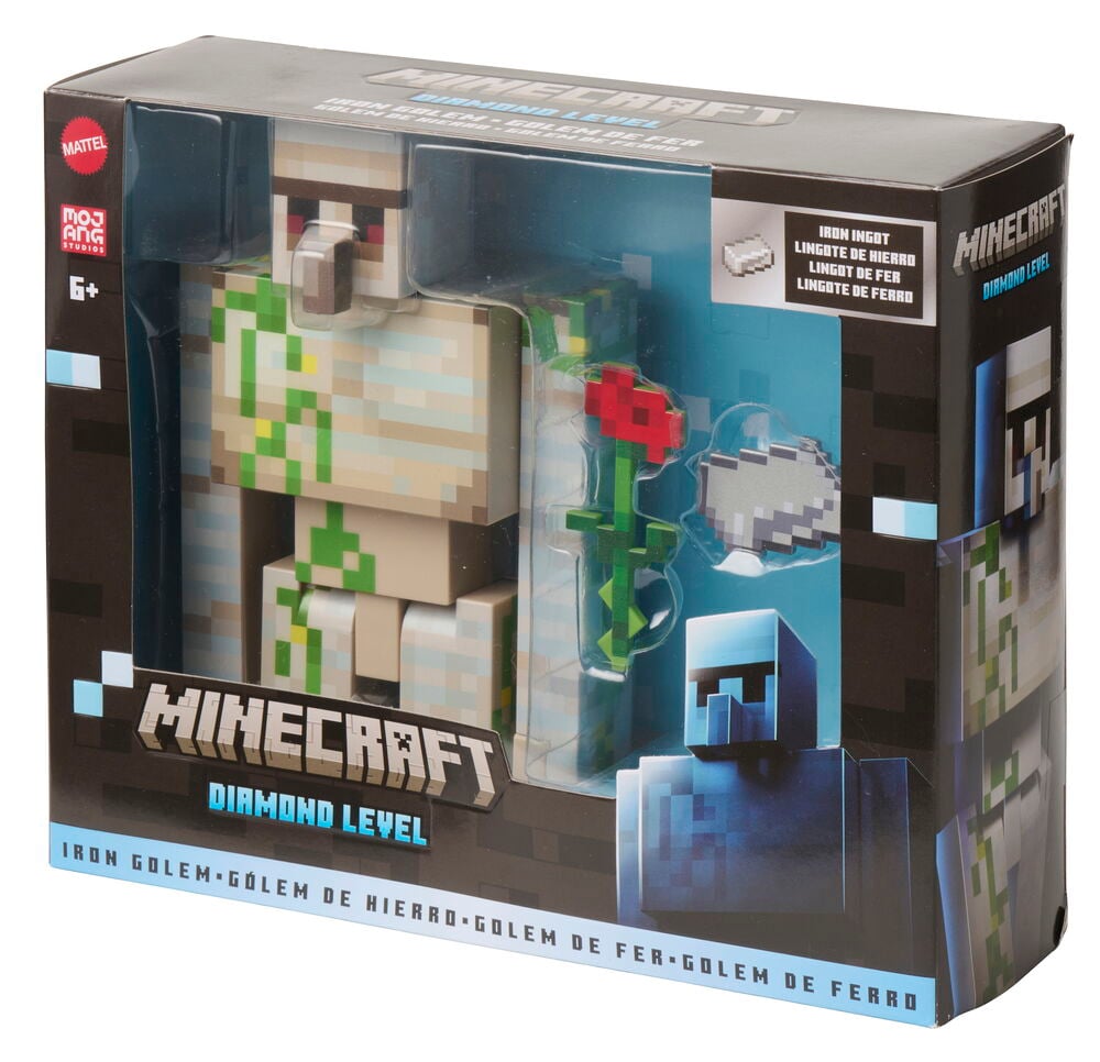 Pakattu Minecraft Iron Golem -hahmo vihreillä köynnöksillä, punaisella ruusulla ja kahdella harmaalla harkkoraudalla.