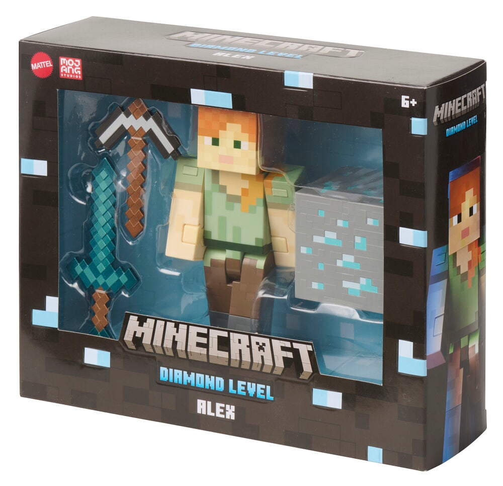 Action-figuuri Minecraft 14 cm Diamond level - Alex pakkauksessa, mukana timanttimiekka, -hakku ja -malmi.